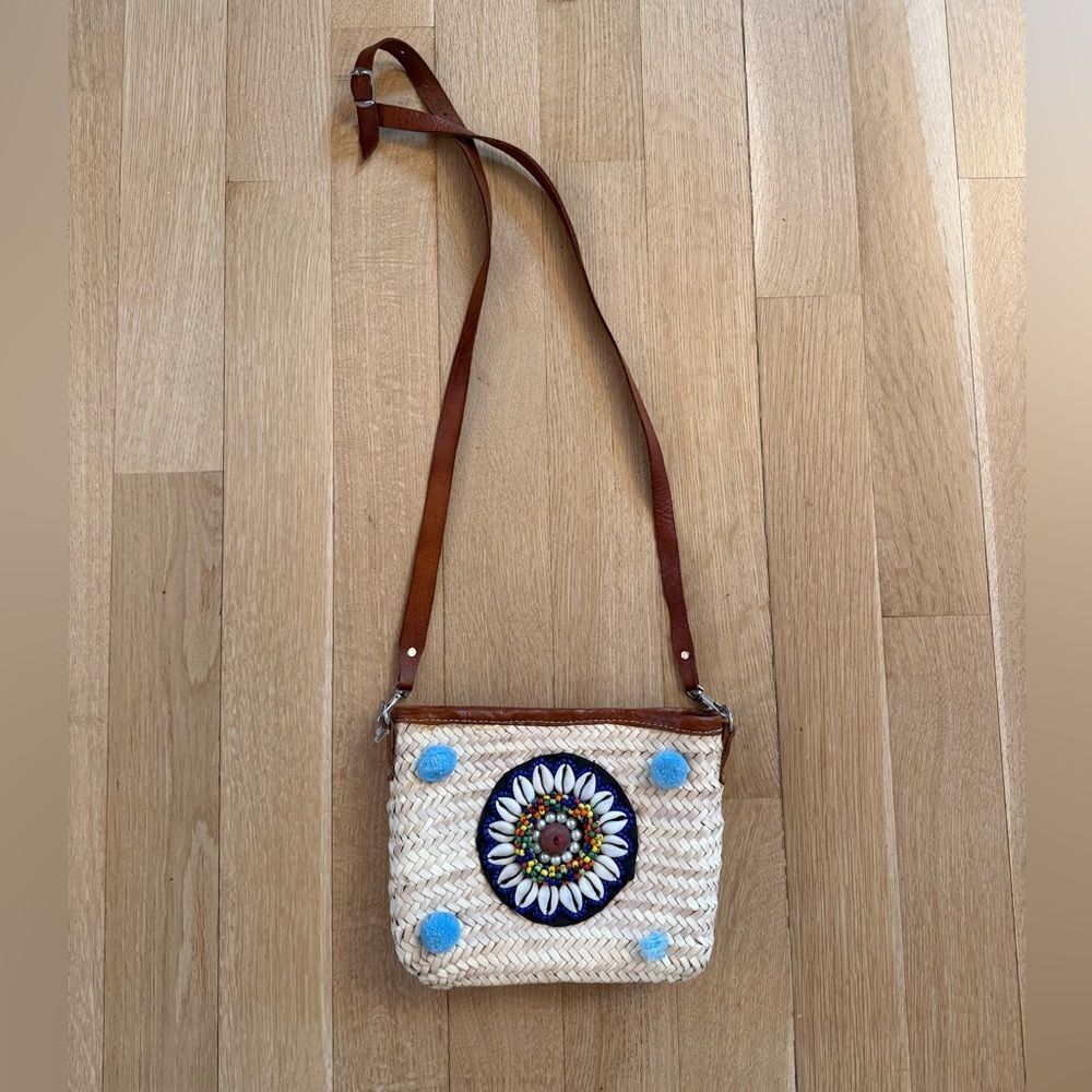 Brown and Cream Straw Crossbody Bag with Floral Design